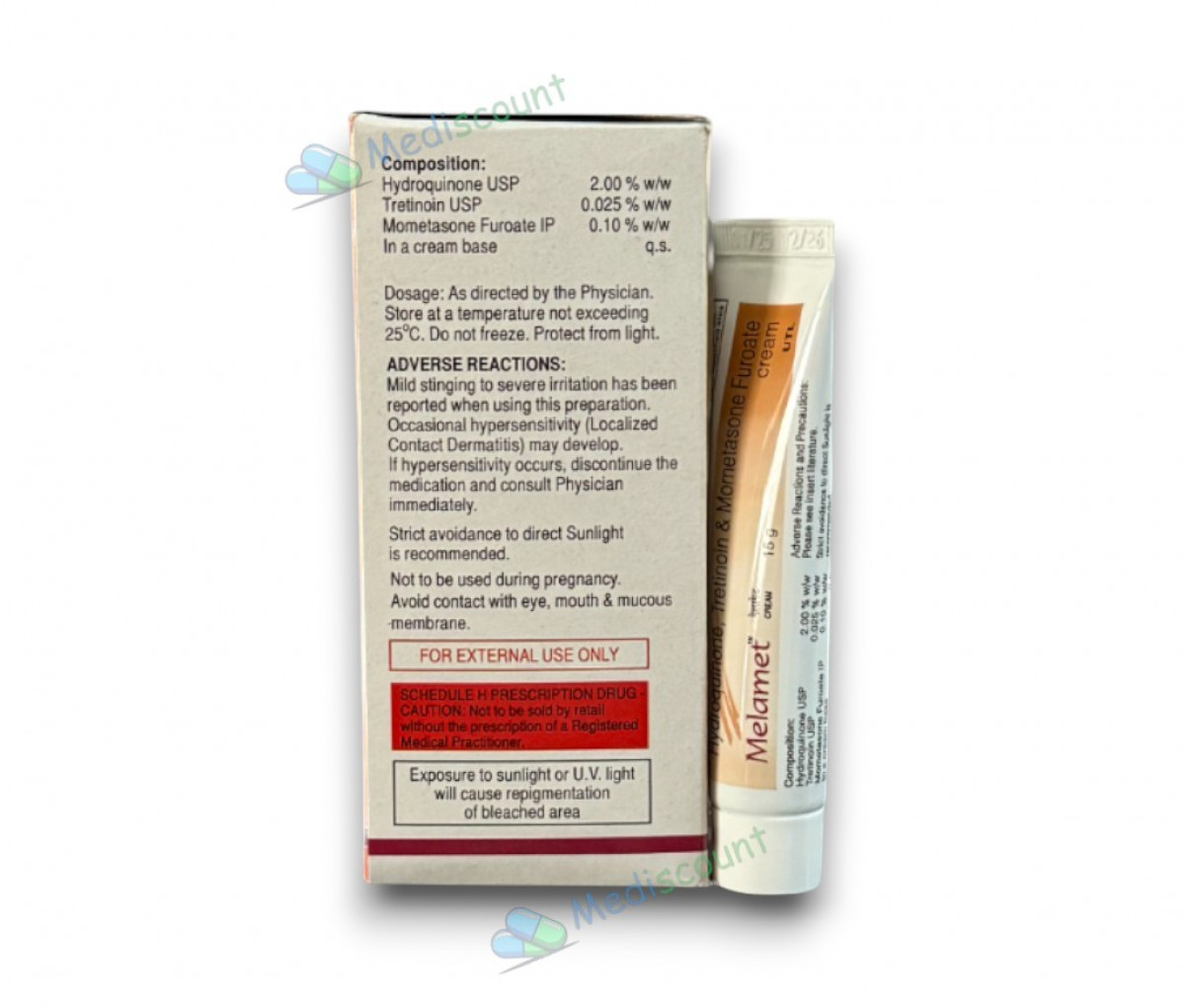 Melamate Cream 15GM for brightening skin and reducing pigmentation, available online at Mediscount